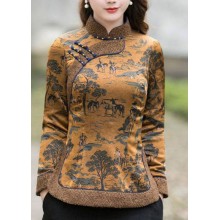 Chinese Style Yellow side open Stand Collar button Print Fine Cotton Filled tops Winter