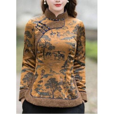 Chinese Style Yellow side open Stand Collar button Print Fine Cotton Filled tops Winter