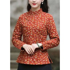 Handmade Red side open Stand Collar button Print Fine Cotton Filled tops Winter